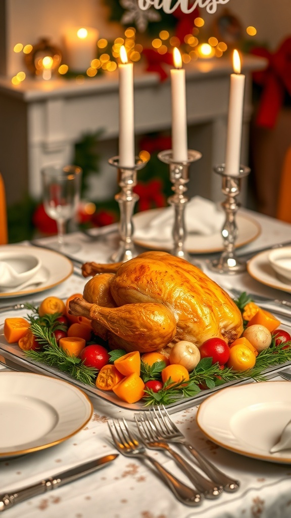 A festive Christmas dinner table for two with roasted chicken and seasonal vegetables.
